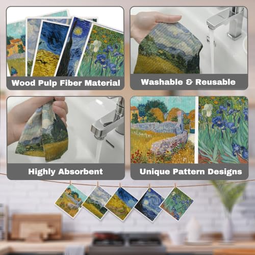 5 Pcs Oil Painting Swedish Dishcloths, Starry Sky & Flower Swedish Dishcloth, Classic Art Dish Cloths for Drying Dishes, Reusable Cleaning Cloths, Housewarming Gifts for Women - color: Lm 03424