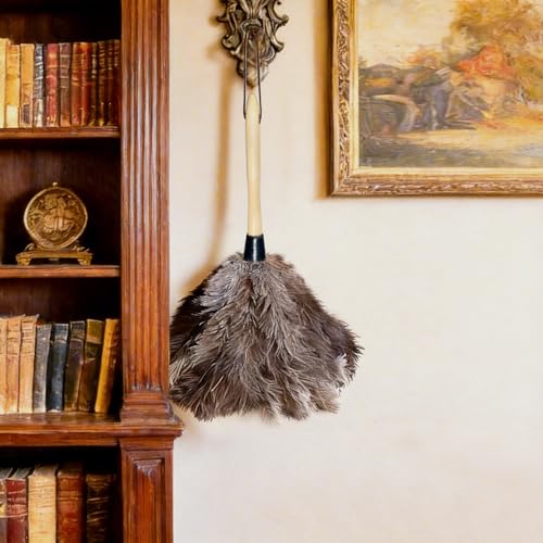 NCEDN Genuine Ostrich Feather Duster 15 inches – Soft Dense Real Feathers, Wooden Handle, Feather Duster for Cleaning Furniture, Blinds & Car Interior - color: Beige + Natural