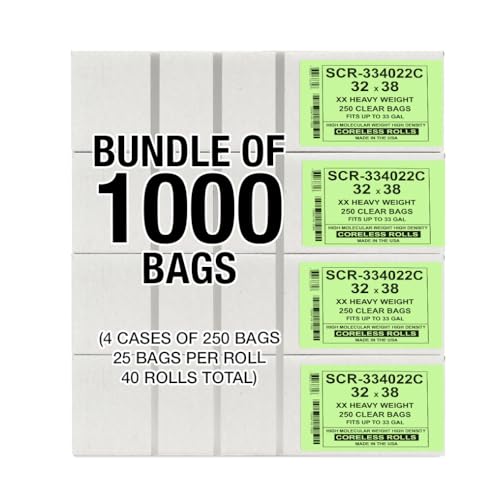 Aluf Plastics 33 Gallon 22 Micron (eq) Premium Clear Trash Bags - 32" x 38" For Office, Kitchen, Bathroom, Commercial, Janitorial, Industrial, & Hospitality (Pack of 1000) - color: Clear, style: 33 Gal, 22 Micron Equiv, 1,000 Count