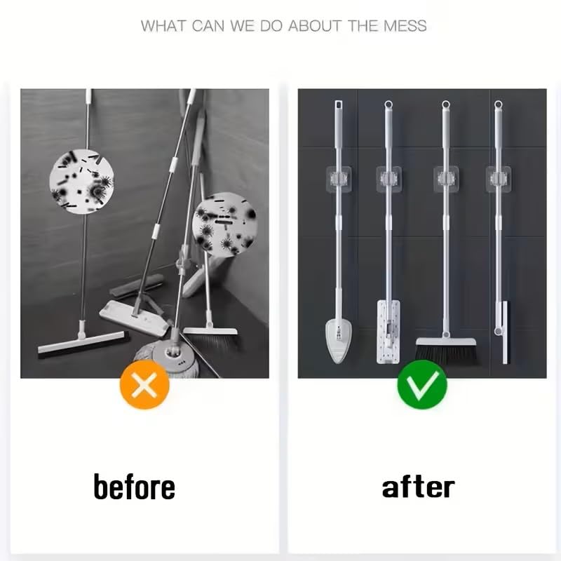 4 Pack No-Drill Adhesive Wall-Mounted Mop & Broom Holder, Space-Saving Bathroom Organizer with Strong Adhesive Clips, Plastic Storage Rack for Toilet Brush, Mop, Broom, White