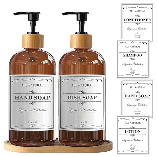 Sunrise Premium 16 OZ Thick Amber Glass Soap Dispenser, Bamboo Pump with Tray 2 Pack, Hand and Dish Soap Dispenser Set for Bathroom with 6 Waterproof Labels - color: Plastic Bamboo Pump - Amber Glass Pack 2
