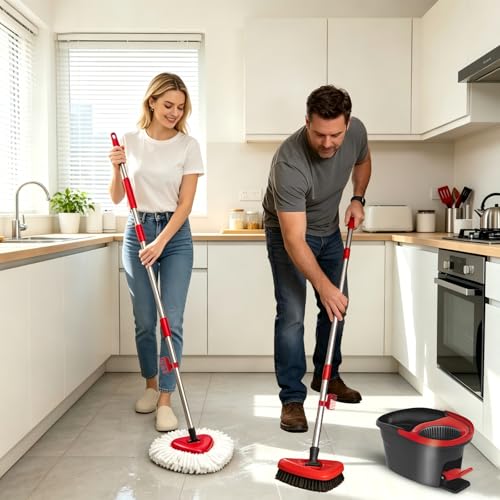 Spin Mop Replace Head Compatible with Ocedar EasyWring 1 Tank, Upgraded Scrub Brush Mop Replacement Head, 2 Microfiber Mop Refills, 1 Mop Handle, 1 Mop Base and 1 Mop Base Cleaning Brush Combo Set