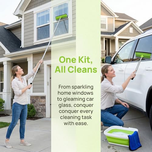 Window Cleaning Kit, Squeegee with Bucket for Windshield Cleaning, Bathroom, Shower Doors, Mirrors, Tiles, and Car Windows (Green) - color: Green