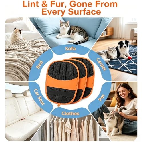 2 Pack Pet Hair Removal Gloves, Reusable Electrostatic Dog Cat Hair Remover Glove for Furniture Car Seats Clothing, Washable Grooming Mitts for Shedding-Orange | 2 Pack Pet Hair Removal Gloves
