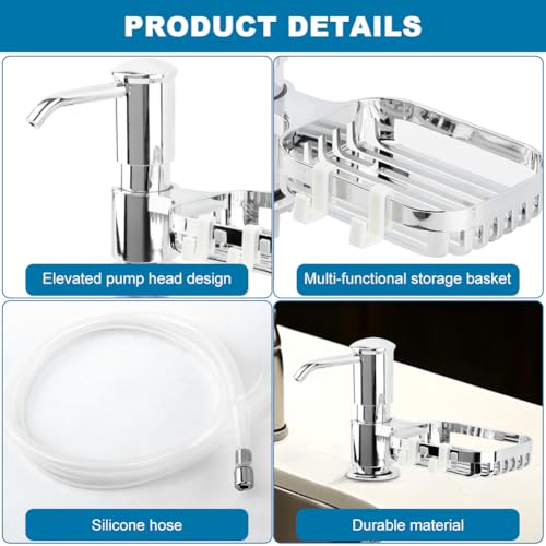 Soap Dispenser for Kitchen Sink, Built in Soap Dispenser Pump with Sponge Holder,Under Counter Brushed Nickel ABS Pump Head with 40" Extension Tube Kit(Silver) - color: Silver
