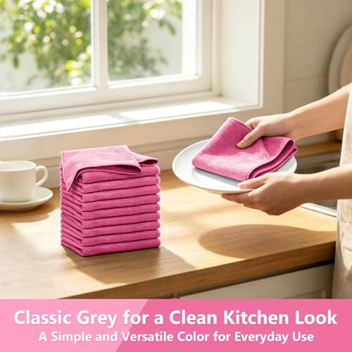 Kitchen Dish Cloths, 12 Pack, 10 x 10 Inches, Soft Absorbent Dish Towels, Lint Free Reusable Dish Rags for Dishwashing, Drying and Daily Cleanup, Hot Pink - color: Hot Pink