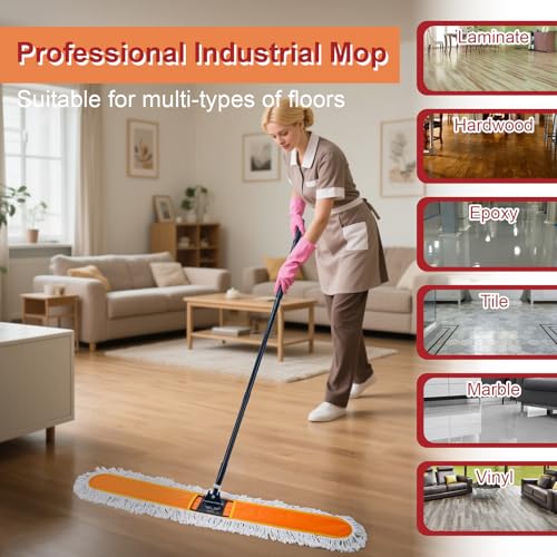 48" Commercial Dust Mops for Floor Cleaning, Heavy Duty Floor Duster with 60" Long Handle, Industrial Wet Dry Sweeper Mop with 2 Reusable Mop Pads for Janitor Indoor Warehouse Gym Hotel Clean - size: 48 inch