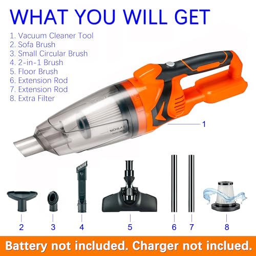 Nichilas Cordless Vacuum Cleaner Handheld Stick Vacuum Cleaner 10kPa Powerful Suction 4 Different Heads for Home Pets Floor Car, Compatible with DEWALT 20V MAX Batteries (NO Battery)