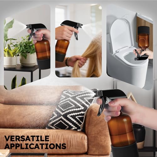 Tecohouse 2 Pack 360° Amber Glass Spray Bottles with Silicone Sleeve, 16 oz Empty Refillable Containers with Adjustable Spray Nozzles, Dark Spray Bottles for Cleaning Solutions, Plants (Black & Brown) - color: Amber, size: 16OZ