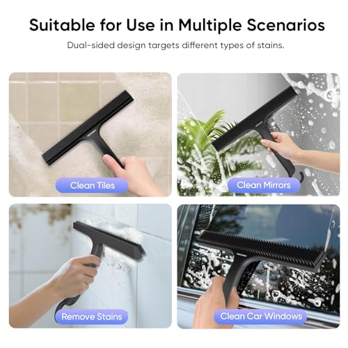 Shower Squeegee for Shower Glass Door Bathroom Accessories, Dual Head Wiper Cleans Water & Hair, Silicone Blade, Non-Slip Long Handle, Glass Window Door Wall Tile Cleaner