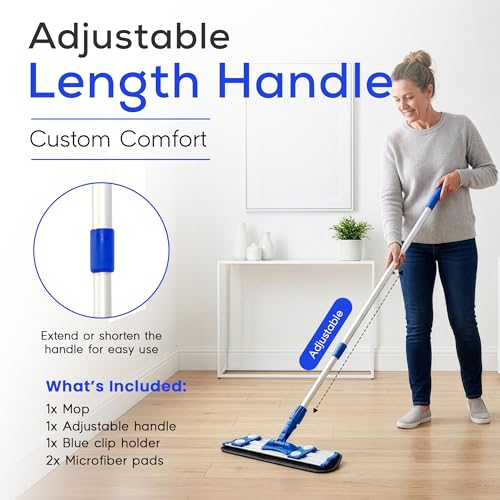 Microfiber Flat Mop with 360° Rotation for Floor Cleaning – Adjustable Aluminum Handle (81–140 cm), Hook and Loop Head, Reusable Microfiber Pads, Lightweight for Hardwood, Tile & Laminate Floors