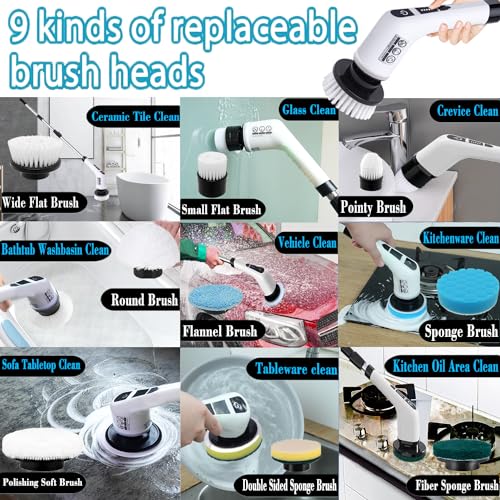 Electric Spin Scrubber,Cordless Cleaning Brush 3-in-1 Adjustable Detachable Exten Handle,2 Rotat Speed,Shower Scrubber with 9 Replaceable Brush Head,2024 New Power Cleaning Brush for Kitchen,Bathroom