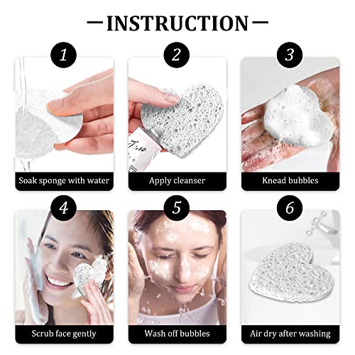 60-Count Kickleen Compressed Cellulose Heart Shape Facial Sponges | 100% Natural Cosmetic Spa Sponges for Facial Cleansing | Exfoliating | Makeup and Mask Removal | Reusable |Skin Massage (White) - color: White