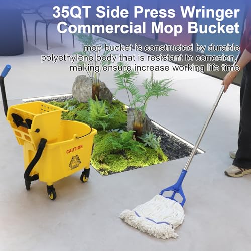 35 Qt. Side-Press Mop Bucket and Wringer Combo on Wheels Yellow for Professional/Industrial/Business Heavy-Duty Floor Cleaning/Mopping,Including Industrial Mop and Rubber Gloves