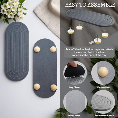 Instant Dry Sink Caddy Organizer, Fast Drying Sink Caddy, Water Absorbing Stone Sponge Holder for Kitchen and Bathroom Countertop with Natural Loofah and Wooden Feet - color: Dark Gray