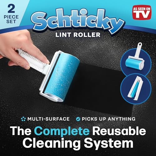 Schticky Lint Roller Set - Reusable & Washable Lint Roller Cleaner for Clothes Sofa Furniture Car Cat Dog Hair - Clean in a Quicky with Schticky (2 Piece)