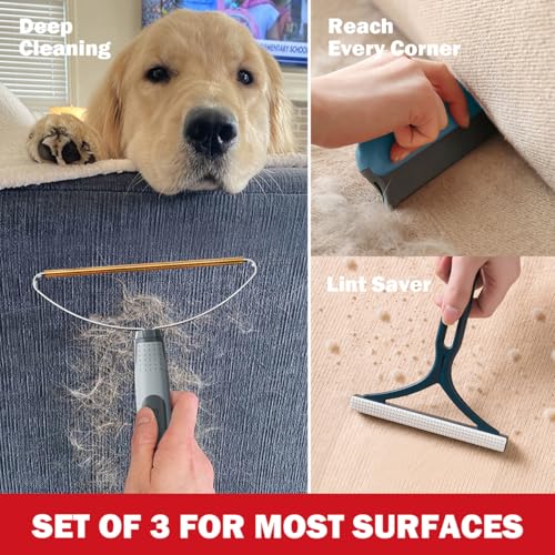 Pet Hair Removal Tools (3-Pack), Dog Cat Hair Remover Pro, Lint Shaver Cleaner, Fur Removal Carpet Scraper, Fuzz Hairball Brush for Carpet, Car Mat, Clothes, Couch, Pet Bed, Cat Tree, Furniture