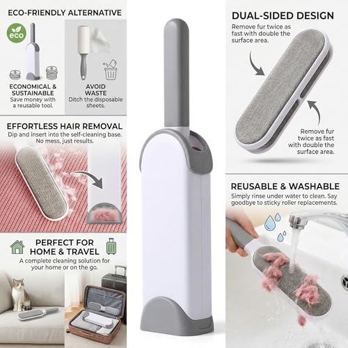 Double Sided Pet Hair Remover Brush, Reusable Lint Brush for Clothes Furniture and Carpet, Fabric and Fur Cleaning Tool, Portable Lint Roller Alternative for Home Travel Daily Use, Grey