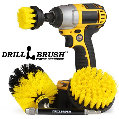Medium Stiffness Power Scrubber Brush Set with Extension - Bathroom Scrubber Brushes - Scrub Brushes for Shower - Drill Scrub Brush Attachment - Tub Cleaner - Shower Door - Bathroom Mirror - color: Yellow