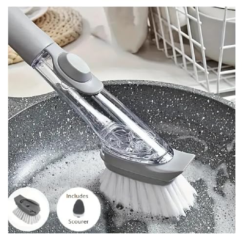 2-in-1 Soap Dispensing Dish Brush with Sponge Head – Easy Grip Kitchen Scrubber for Dishes, Pots, Pans & More – Includes Refill – by Dependable Industries Inc. Essentials