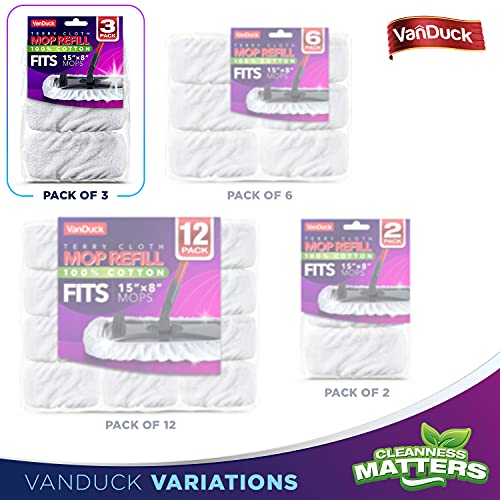 VanDuck 100% Cotton Terry Mop Pads 15x8 Inches, 3-Pack (Mop Not Included) | Reusable terry cloth mop covers, cotton replacement pads, floor cleaning refills, machine washable
