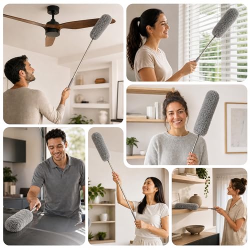 Gütewerk Extendable Microfiber Duster, 55 Inch - Feather Dusters for Cleaning Ceiling Fans, Blinds, Baseboards & High Ceilings - Washable, Electrostatic, 360° Bendable Head, Stainless Steel Pole - color: Gray, size: up to 55 inch