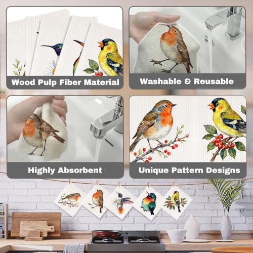 5 Pcs Colorful Bird Swedish Dishcloths, Bird Themed Swedish Dishcloth, Spring Summer Dish Cloths for Drying Dishes, Reusable Cleaning Cloths, Housewarming Gifts for Women - color: Lm 04246