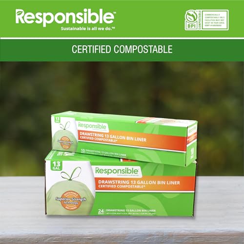 Responsible Products Kitchen Bin Liners, Certified Compostable, Heavy Duty Multipurpose Food Scrap Bags, Made from Compostable Materials (13 Gallon Drawstring, 13 Gallon (100 Count)) - size: 13 Gallon (100 Count), style: 13 Gallon Drawstring