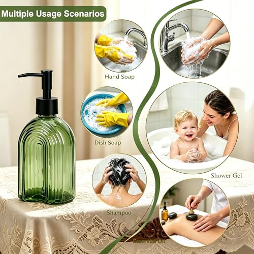 Black Pump Glass Soap Dispenser, 12oz Green Stripe Countertop Refillable Liquid Bottle Hand Dish Lotion Dispenser with Plastic Pump, for Kitchen, Bathroom Countertop - color: Green B