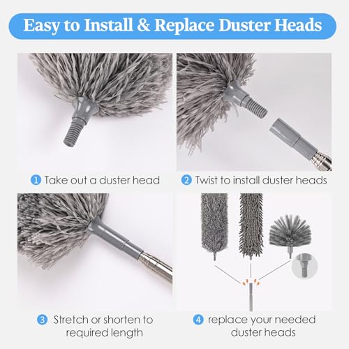 Microfiber Feather Duster 5-in-1 Kit with Extension Pole, Washable Cleaning Duster Set with 3 Duster Heads, Cobweb Duster, Corner Brush, 100'' Extendable Long Duster for High Ceilings, Fans, Furniture - size: 5PCS: Cobweb Brush & Chenille Duster & Gloves