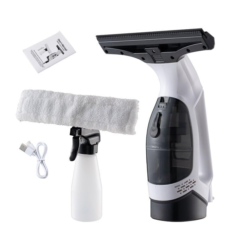 Cordless Window Vacuum Squeegee, 2.0kPa Electric Window Cleaner Tool with 2200mAh Battery, 150ml Water Tank, IPX4, Spray Bottle & Microfiber Pad for Shower Glass, Mirrors & Car Windows