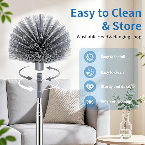Cobweb Duster with Extension Pole, Upgraded Heavy Duty Thickened Stainless Steel Telescopic Handle for High Ceilings & Ceiling Fans, 90" Total Reach (15.7" Compact), Medium Stiff Bristles (Grey) - color: Gray