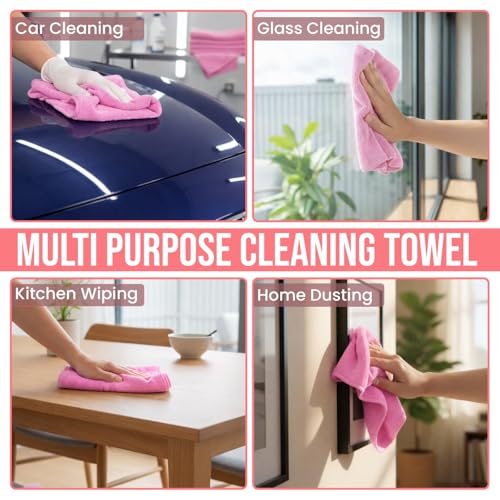 Ameri-Homes Premium Microfiber Cleaning Cloths 12 x 12 Inches, 400 GSM, Soft & Absorbent, Scratch-Free Lint-Free Cleaning Towels for Kitchen, Car, Glass & Home (Pack of 6) (Pink) - color: Pink