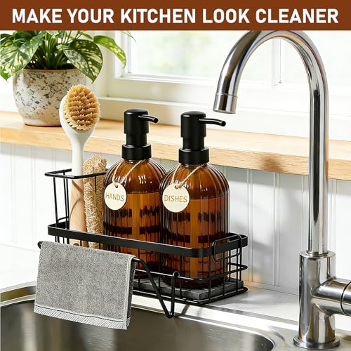 Kitchen Soap Dispenser Set, 14.4 oz/425 ml Hand and Dish Soap Dispenser Set, Dish Soap Dispenser with Sponge Holder & Diatomite Tray, for Countertop Organizer, Amber - color: Amber