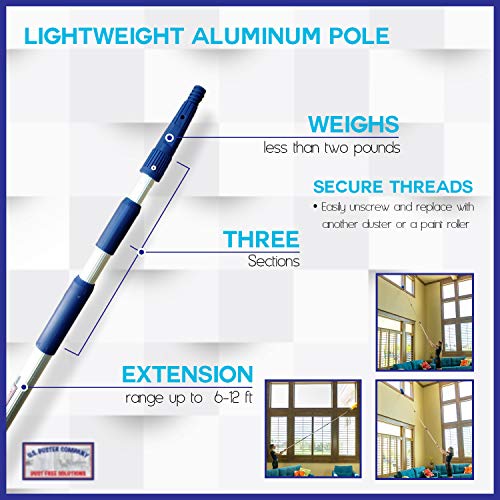 Cobweb Duster Extendable 18 Foot High Reach Ceiling Fan Duster | 3-Stage Aluminum Telescoping Pole | Medium Stiff Bristles | Long Handle Webster Microfiber Duster for Cleaning | U.S Duster Co.