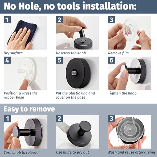 Rise age Suction Cup Shower Hooks, Suction Towel Hooks for Bathrooms | Waterproof, No Drill, Heavy Duty, Stainless Steel, Removable, Renter Friendly, Easy to Install, Black 4 Pcs - color: Black