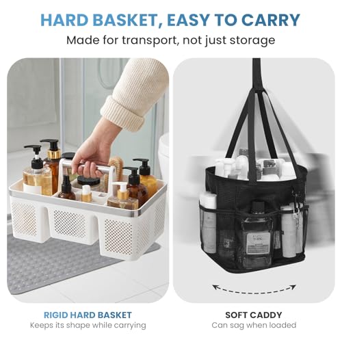 BYUNER 2Pack Plastic Shower Caddy: Portable Shower & Bathroom Caddy Tote with Handle, 4 Divided Compartments, Hard Plastic Shower Basket with All-Side Drainage for College Dorm Room Essentials - color: 2pc White/Silver