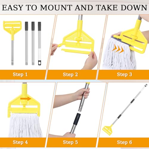 Commercial Heavy Duty Mop Handle - 58" Adjustable Extension Pole Mop Handle Replacement, Wet Mops Head Replacement Holder for Professional/Industrial Floor Cleaning (Yellow)