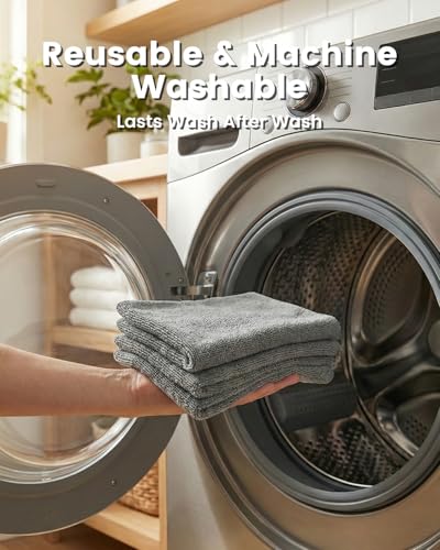 POPCHOSE Microfiber Towels 12 Pack for Cars, Super Absorbent Cleaning Cloths, Lint Free Streak Free Towels for Car Detailing, Household, Kitchen, Glass & Tools, Grey