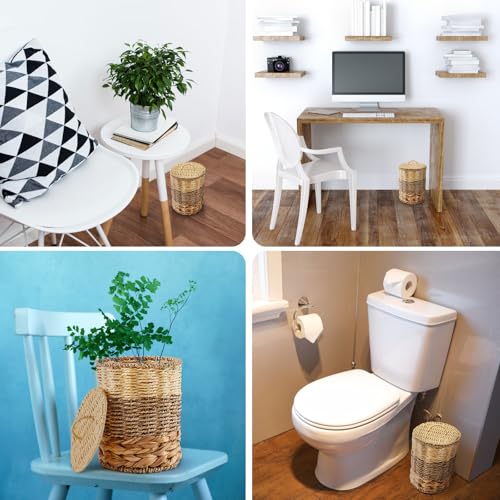 Ctosree 1.3 Gallons Small Trash Can with Lid Handle Boho Woven Braided Bathroom Waste Basket Trash Can with 100 Garbage Bags for Bedroom Office Laundry(Braided Wicker, Primary Color) - color: Primary Color, style: Round