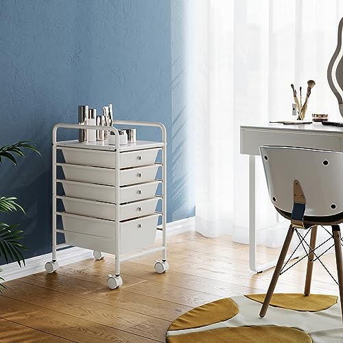 6-Tier Rolling Cart with 5 Drawers, Rolling Utility Cart with 2 Lockable Caster Wheels, Multipurpose Mobile Rolling Storage Drawer Cart for Office Bathroom Kitchen, Ivory White - size: White, 5-Tier, 4S/1L Drawer