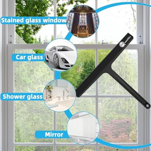 9 Inch Shower Squeegee with Hook - Heavy Duty Glass Door Scraper for Streak-Free Cleaning, Tile Walls, Shower Glass & Car Windows - Rustproof Rubber Blade & Secure Storage (Black) - size: Square Headed-9 inch