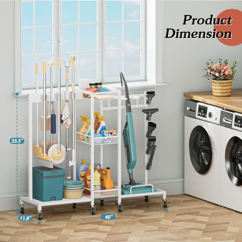 Broom Holder with Cleaning Supplies Organizer, Broom Closet Storage Cabinet with Cleaning Caddy Vacuum Stand, Cleaning Cart with Mop Hanger Gripper Rack Hook, Laundry Room Organization Home Essentials - color: White