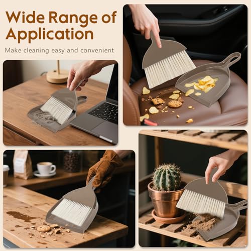 THINKLEARN 2PCS Small Dust Pan and Brush Set, Mini Broom Dustpan Kit | Portable Brush Dustpan Combo Set, Brown Cleaning Supplies - color: Brown