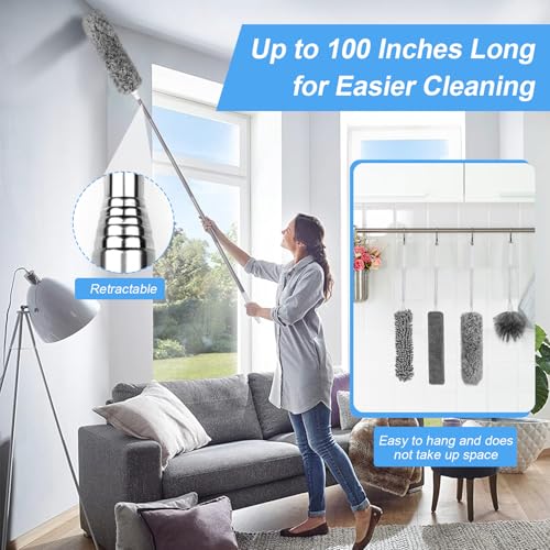 Duster for Cleaning 5-in-1 Kit, 100 Inches Duster with Extension Pole, Extendable Duster, Microfiber Feather Duster, Cobweb Dusters for High Ceilings, Furniture, Blinds, Wall- Grey - color: Gray