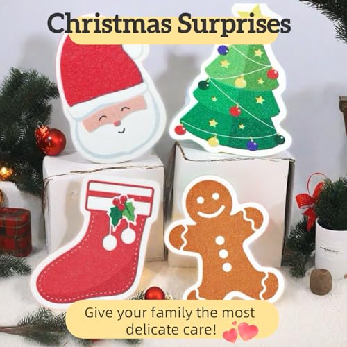 4Pack Christmas Style Scrub Sponges, Compressed Kitchen Sponges for Dishes, Durable Cleaning Sponges with Soft & Scrub Sides, Adorable Christmas Dish Sponge Set