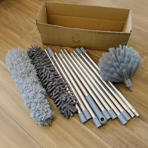 20+ Feet High Reach Duster Kit with 3-14 ft Extension Pole for Cleaning Fan, Spider Web, High Ceiling, Blinds, Furniture, Cars - Cobweb Microfiber Duster // Outdoor & Indoor Extendable Duster