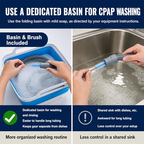 CPAP Cleaning Kit with 40 x 50 cm Thick Silicone Drying Mat, Collapsible Wash Basin, 78.7 in Hose Brush for 22 mm & 15 mm Tubing, Detail Brush, Hook & Mesh Bag for CPAP/BiPAP Hose & Mask Care - color: Pro