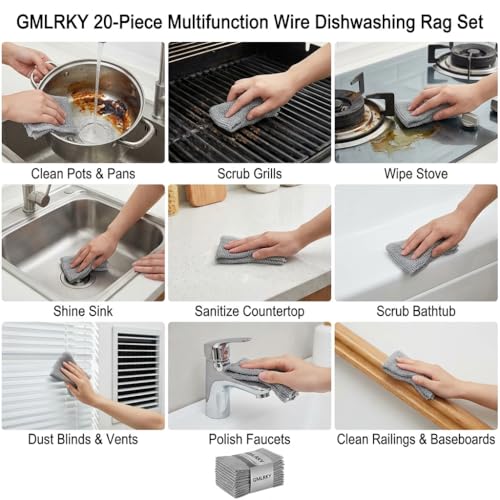 20 Pcs Value Pack Non Scratch Steel Wire Dishcloth, 7.87"x7.87" 2-Layer Multipurpose Rags - Reusable for Kitchen Dishes, Sinks, Stove Tops, Safe for Non-Stick