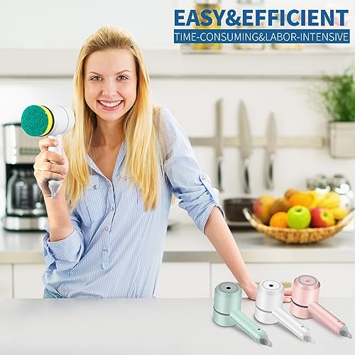 Electric Spin Scrubber,Cordless Power Cleaning Brush,Rechargeable Power Scrubber with 8 Replacement Heads,3 Adjustable Speeds,Kitchen Assistant,Handheld Scrubber for Sink Bowls Plates Bottle,White